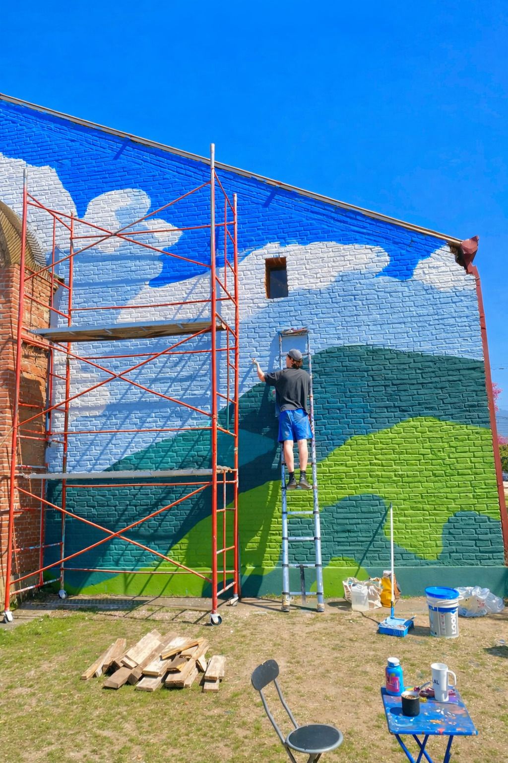 Andamio rojo para pintura de mural en Tucumán