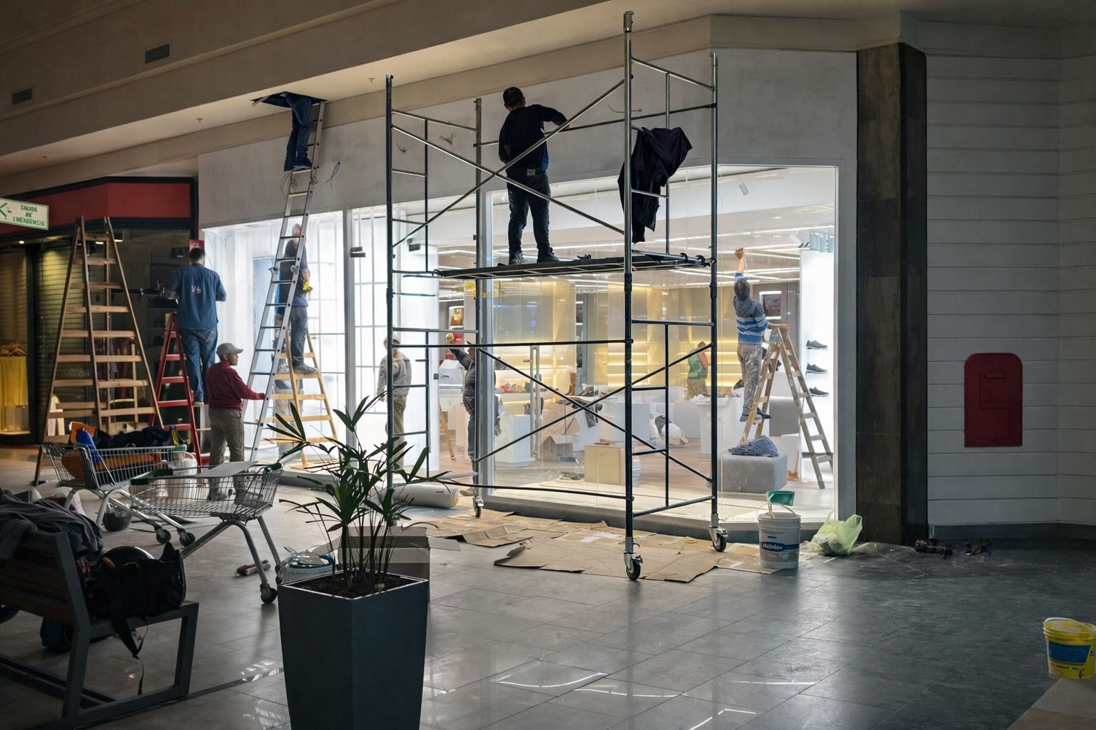 Equipo de trabajadores en vidriera de local comercial